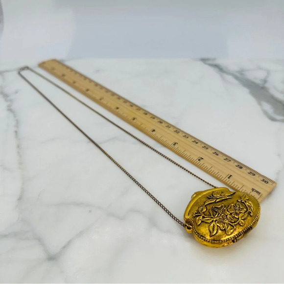 Vintage Corday Perfume Purse Necklace Butterfly Gold Tone Signed 24” Chain - Picture 9 of 11